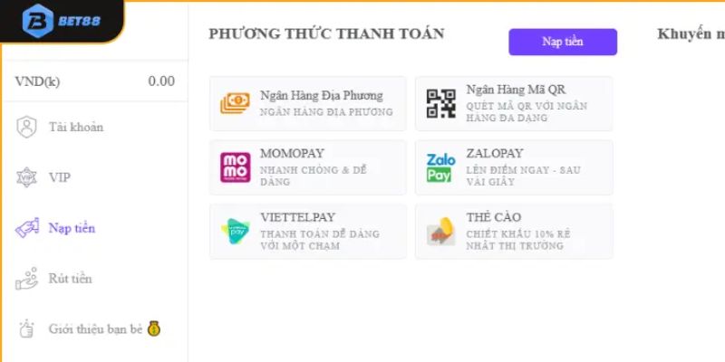 Thực hiện nạp tiền Bet88 trực tuyến trên web